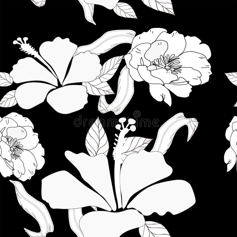 Padrão de design de fundo do haivém preto e branco do vetor sem costura hibiscus negro e branco. excelente para o diário de marcad
