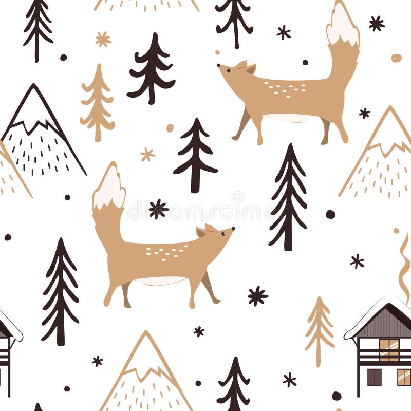 Padrão de Natal sem costura com árvores florestais, montanhas e raposas Historial de Feliz Ano Novo Design do vetor Xmas para ilustração royalty free Padrão de Natal sem costura com árvores florestais, montanhas e raposas Historial de Feliz Ano Novo Design do vetor Xmas para ilustração royalty free