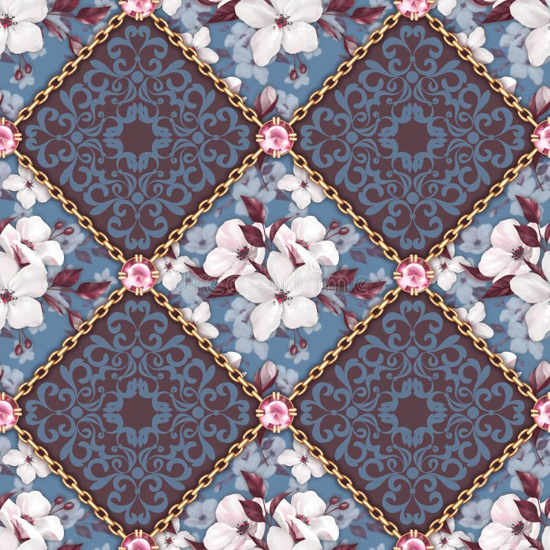 Padrão decorativo sem costura com flores e correntes ilustração royalty free