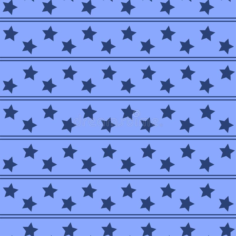 Blue monochrome geometric abstract pattern with ribbons and stars. American star texture. Vector stars in one form and size. Dark blue and light elements. Vector seamless pattern. Background for greeting card, banner, for printing on fabric, packaging paper. Blue monochrome geometric abstract pattern with ribbons and stars. American star texture. Vector stars in one form and size. Dark blue and light elements. Vector seamless pattern. Background for greeting card, banner, for printing on fabric, packaging paper