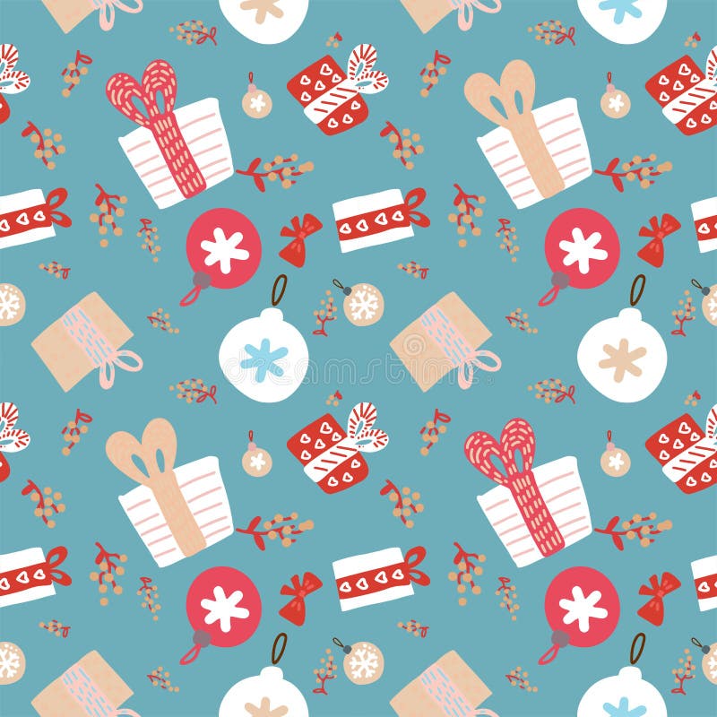 Padrão perfeito de Natal Fundo de rosca de cor moderna com ornamentos, flocos de neve, bolas, caixas de presente, bagas Papel de ilustração stock Padrão perfeito de Natal Fundo de rosca de cor moderna com ornamentos, flocos de neve, bolas, caixas de presente, bagas Papel de ilustração stock