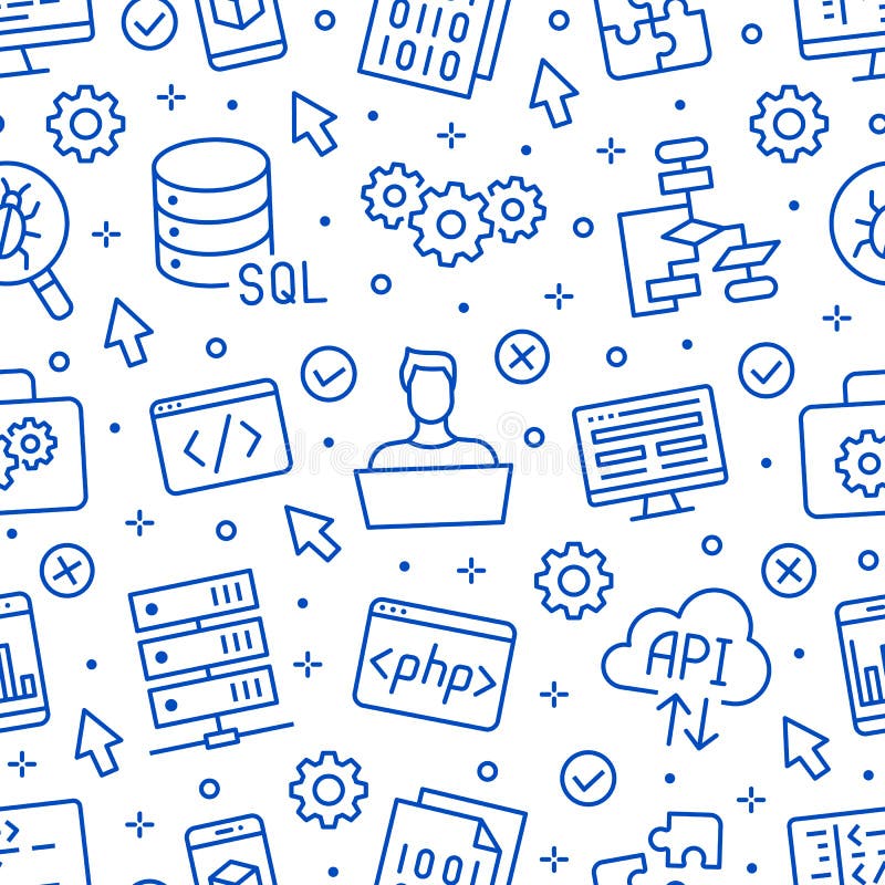 Padrão perfeito para desenvolvimento de software com ícones de linha simples Informações gerais sobre linguagem de programação, a ilustração do vetor Padrão perfeito para desenvolvimento de software com ícones de linha simples Informações gerais sobre linguagem de programação, a ilustração do vetor