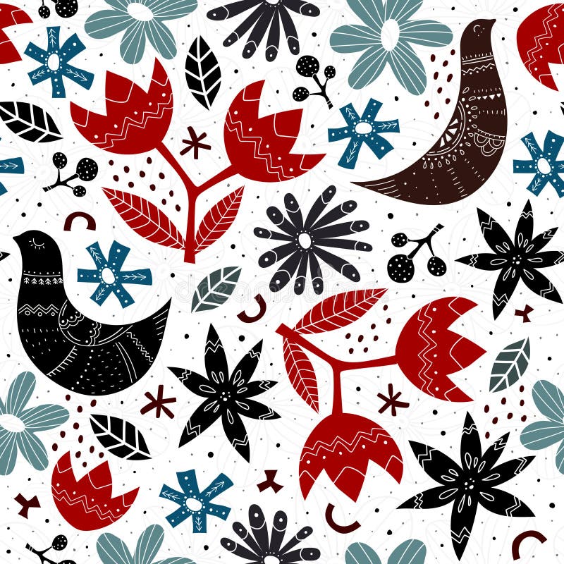 Padrão sem costura com aves coloridas estilizadas, flores, elementos de decoração vetor Estilo escandinavo ornamento popular dese ilustração do vetor Padrão sem costura com aves coloridas estilizadas, flores, elementos de decoração vetor Estilo escandinavo ornamento popular dese ilustração do vetor