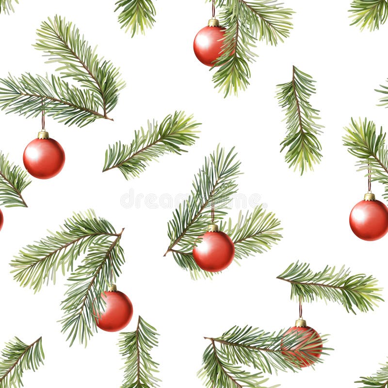 Padrão sem costura com ramos de árvore e bolas. fundo de natal verde ilustração royalty free