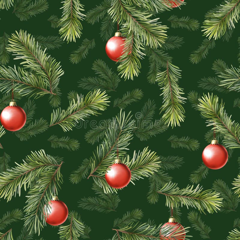 Padrão sem costura com ramos de árvore e bolas vermelhas. fundo de natal verde ilustração stock