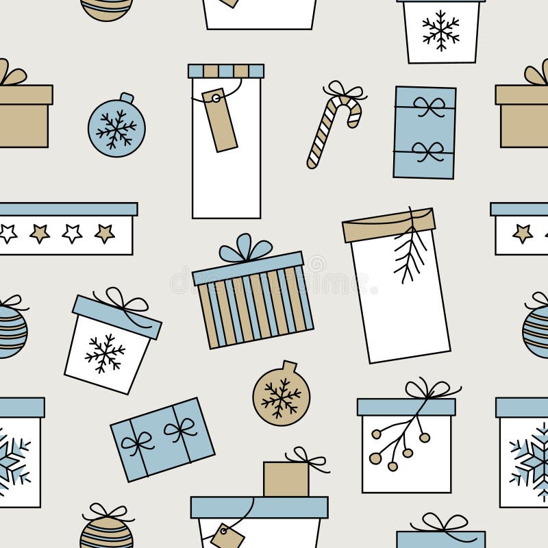Padrão sem costura de Natal com caixas decoradas à mão, desenhadas várias vezes em azul branco e bege sobre fundo claro Vintagem ilustração royalty free Padrão sem costura de Natal com caixas decoradas à mão, desenhadas várias vezes em azul branco e bege sobre fundo claro Vintagem ilustração royalty free