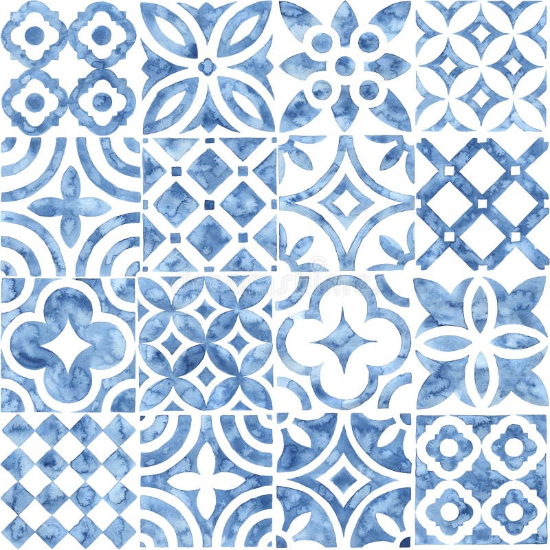 Padrão sem descontinuidades do moroccan. mosaico quadrado. ornamento de aquarela azul e branca pintado com tinta em papel. artesan