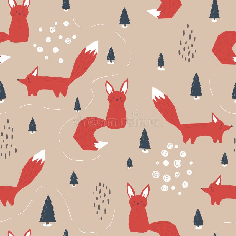 Padrões descontínuos de rapox Fundo vetorial com floresta de inverno e animal vermelho em estilo escandinavo Ideal para tecidos d ilustração do vetor Padrões descontínuos de rapox Fundo vetorial com floresta de inverno e animal vermelho em estilo escandinavo Ideal para tecidos d ilustração do vetor