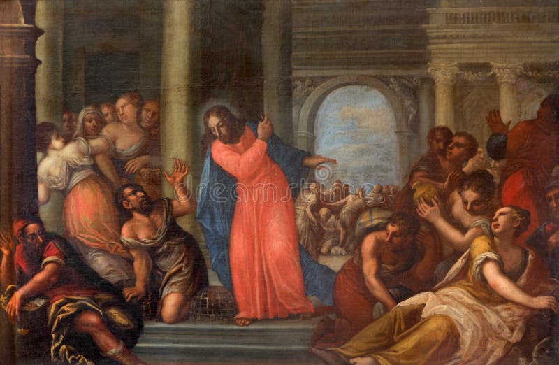 PADUA ITALIEN - SEPTEMBER 10, 2014: Målarfärg av Jesus Cleanses tempelplatsen i den kyrkliga Chiesaen di San Gaetano arkivbild PADUA ITALIEN - SEPTEMBER 10, 2014: Målarfärg av Jesus Cleanses tempelplatsen i den kyrkliga Chiesaen di San Gaetano arkivbild