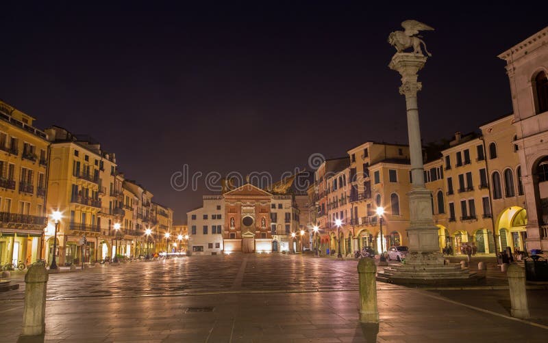 Padua - Piazza dei Signori square with the st. Mark column at night.