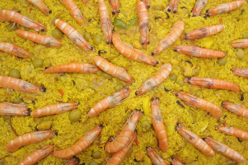 Paella Rice with Prawns Cooked Stock Photo Image of cooking, mixed