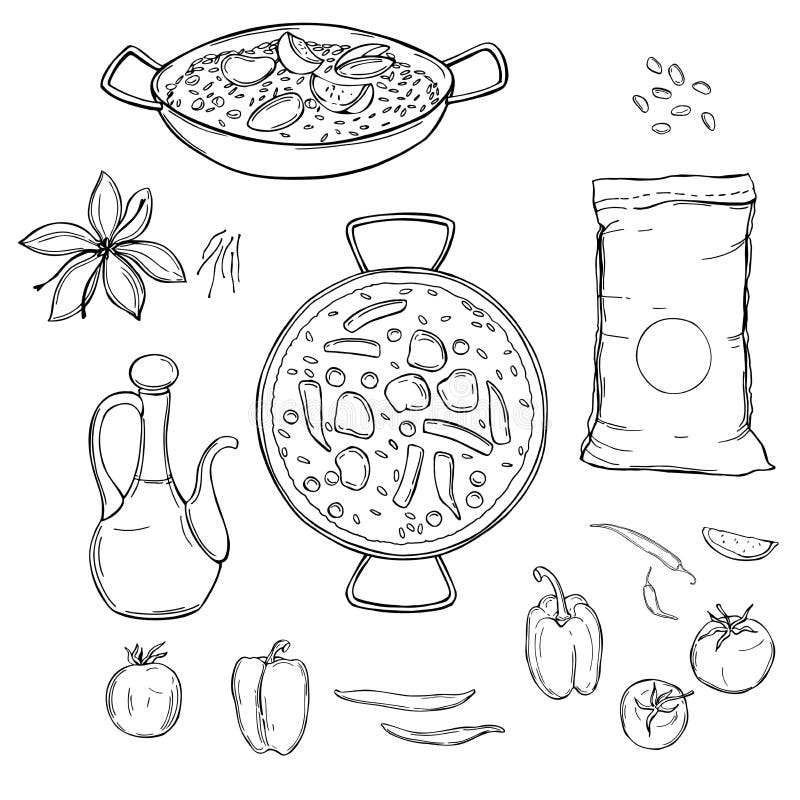 Paella Set. Vector Sketch Illustration Stock Vector Illustration of
