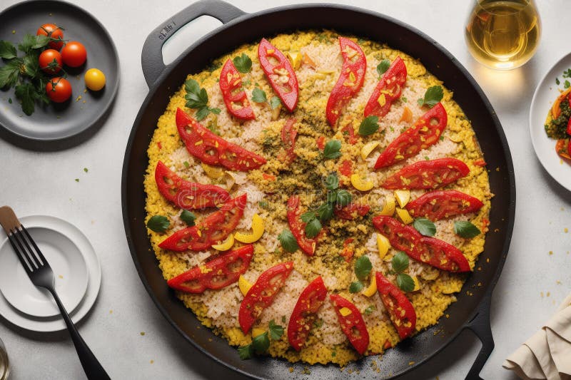 Paella, Spanish Dish Made with Rice, Chicken and Vegetables, Served in
