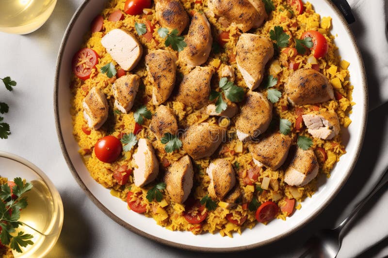 Paella, Spanish Dish Made with Rice, Chicken and Vegetables, Served in