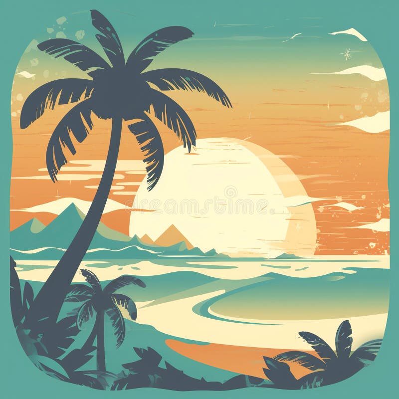 Paesaggi delle spiagge tropicali con tramonto marino e palme. panorama astratto. logo dell'isola del paradiso tropicale. vacanze e royalty illustrazione gratis
