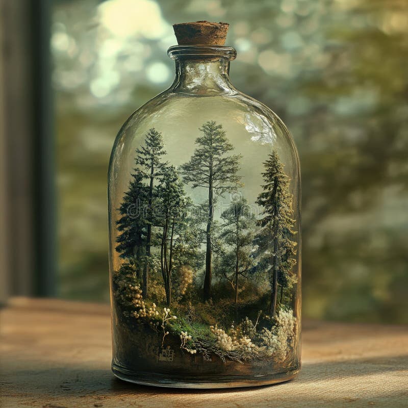 Paesaggi di bosco rivestiti in vetro con coperchio di sughero fotografie stock libere da diritti