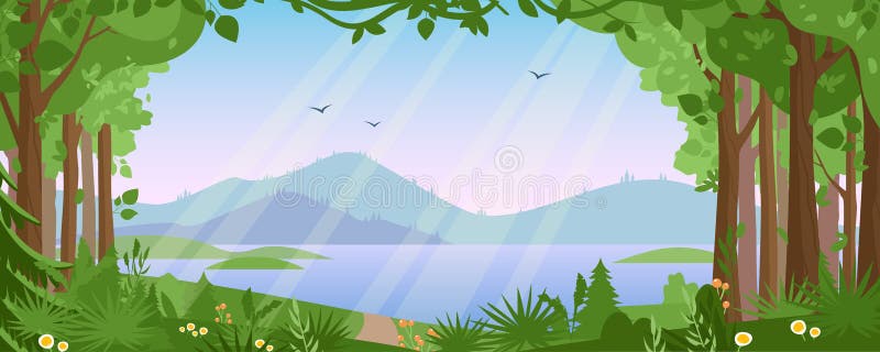 Mountain landscape with summer forest vector illustration. Cartoon flat countryside beautiful nature with green trees, river lake water, silhouettes of mountains. Summertime panoramic view background. Mountain landscape with summer forest vector illustration. Cartoon flat countryside beautiful nature with green trees, river lake water, silhouettes of mountains. Summertime panoramic view background