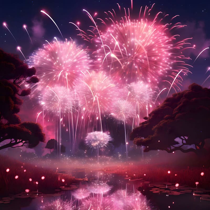 Paesaggi rosa con fuochi d'artificio contro uno sfondo notturno. nuovi anni divertimento e festeggiamenti. nuovi anni divertimento e festività. un'ora di celebrazione e risoluzioni.