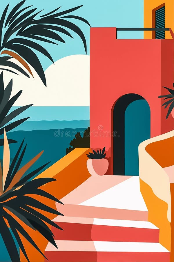 Paesaggi tropicali con vista in mare. stile boho midcentury. poster colorato royalty illustrazione gratis