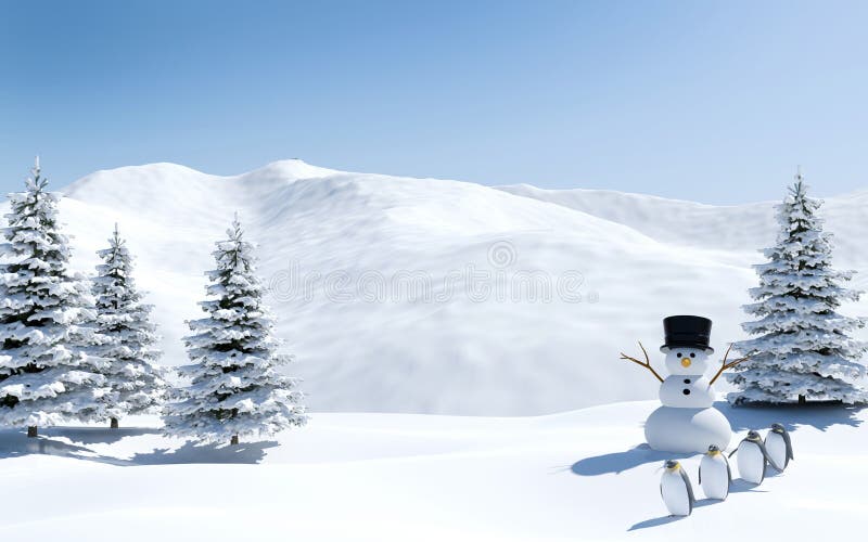 Paesaggio artico, campo di neve con il pupazzo di neve ed uccelli del pinguino nel Natale festa, polo nord Paesaggio artico, campo di neve con il pupazzo di neve ed uccelli del pinguino nel Natale festa, polo nord