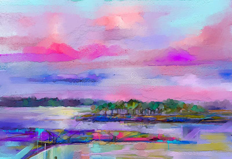 Paesaggio astratto della pittura a olio Cielo porpora blu variopinto Pittura a olio all'aperto su tela Albero astratto dei semi, illustrazione vettoriale Paesaggio astratto della pittura a olio Cielo porpora blu variopinto Pittura a olio all'aperto su tela Albero astratto dei semi, illustrazione vettoriale