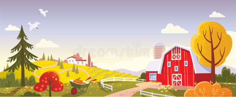 Autumn landscape with fields and red barn.Scenic view, of an old barn in the countryside. Hills, fields, blue sky clouds. Autumn landscape with fields and red barn.Scenic view, of an old barn in the countryside. Hills, fields, blue sky clouds.