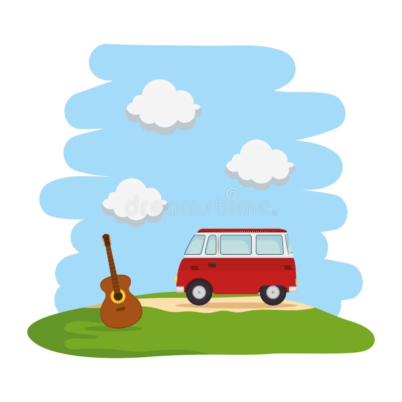 Paesaggio con il furgone e la chitarra del hippy illustrazione vettoriale Paesaggio con il furgone e la chitarra del hippy illustrazione vettoriale