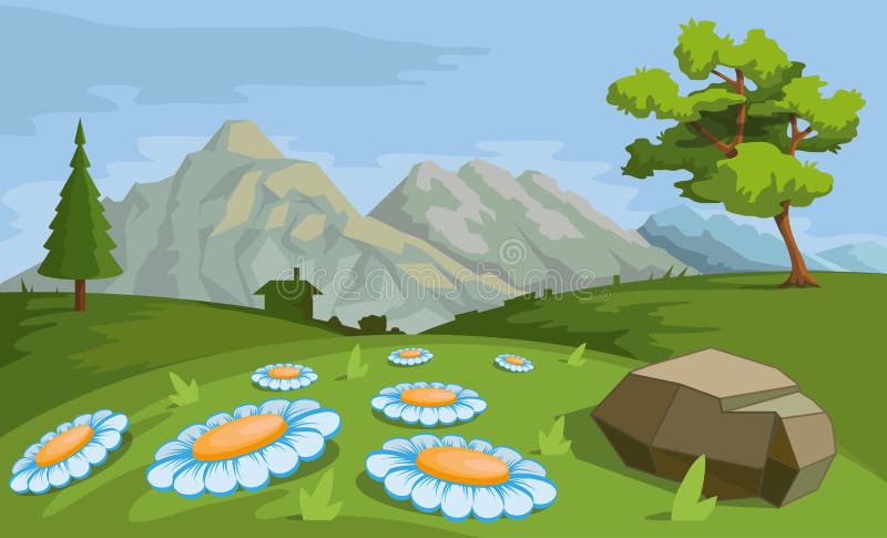 Paesaggio con montagne ed alberi Natura come fondo Elementi del parco per paesaggio Natura disegnata a mano del fumetto illustrazione vettoriale Paesaggio con montagne ed alberi Natura come fondo Elementi del parco per paesaggio Natura disegnata a mano del fumetto illustrazione vettoriale