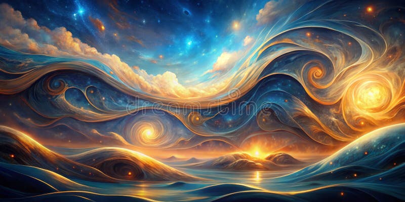 Paesaggio cosmico astratto con nuvole celeste girevoli e dune d'oro. Generative AI illustrazione di stock