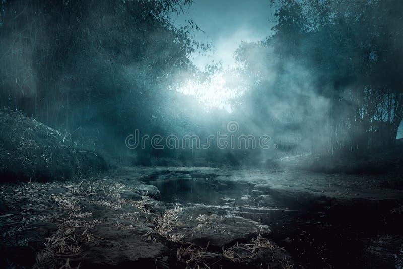 Paesaggio del fiume terrificante alla notte