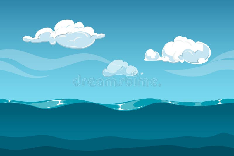 Paesaggio del fumetto dell'oceano o del mare con il cielo e le nuvole Fondo senza cuciture delle onde di acqua per progettazione royalty illustrazione gratis Paesaggio del fumetto dell'oceano o del mare con il cielo e le nuvole Fondo senza cuciture delle onde di acqua per progettazione royalty illustrazione gratis