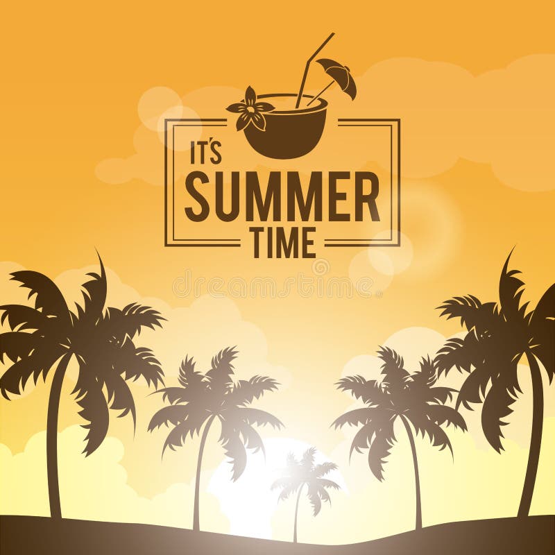 Paesaggio del manifesto delle palme sulla spiaggia con ora legale di logo e la noce di cocco del cocktail royalty illustrazione gratis Paesaggio del manifesto delle palme sulla spiaggia con ora legale di logo e la noce di cocco del cocktail royalty illustrazione gratis