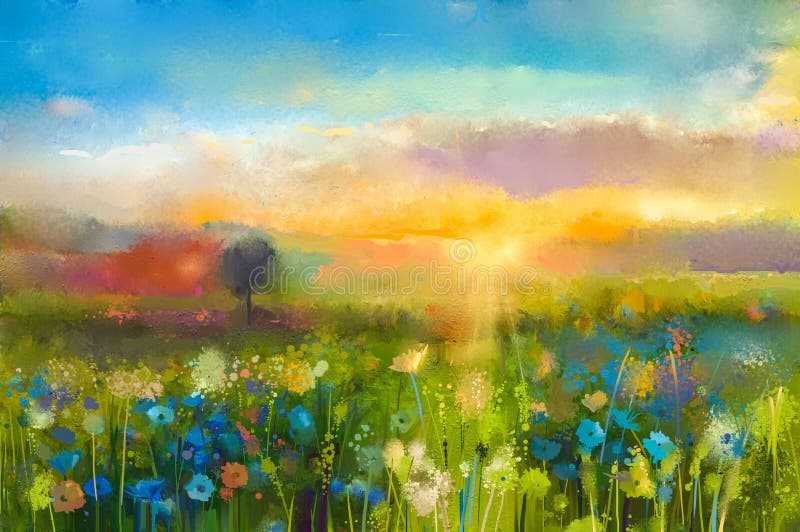 Paesaggio del prato di tramonto della pittura a olio con il wildflower