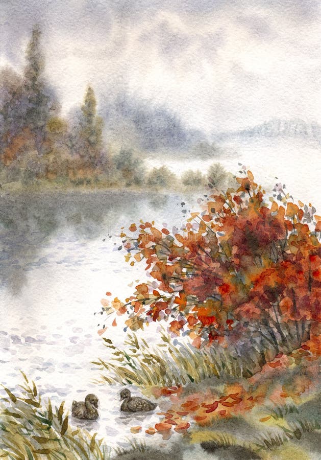 Paesaggio dell'acquerello Schizzo del lago di autunno illustrazione vettoriale Paesaggio dell'acquerello Schizzo del lago di autunno illustrazione vettoriale