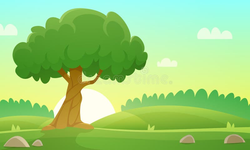 Sunset at meadow with tree, countryside cartoon landscape illustration. Sunset at meadow with tree, countryside cartoon landscape illustration.