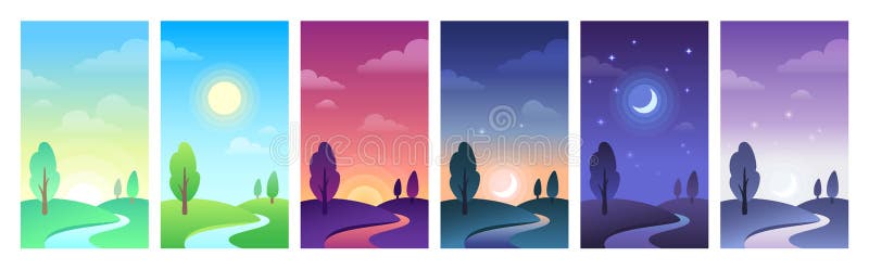 Countryside landscape in different parts of day time. Sky and field daytime circle as sunrise, morning or noon, sunset and night. Hills with tree, moon with stars and sun set vector illustration. Countryside landscape in different parts of day time. Sky and field daytime circle as sunrise, morning or noon, sunset and night. Hills with tree, moon with stars and sun set vector illustration