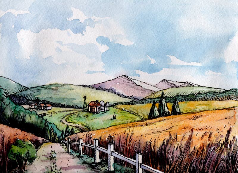 Spring, summer warm watercoloured countryside landscape for printing with houses and road, scanned illustration. Spring, summer warm watercoloured countryside landscape for printing with houses and road, scanned illustration