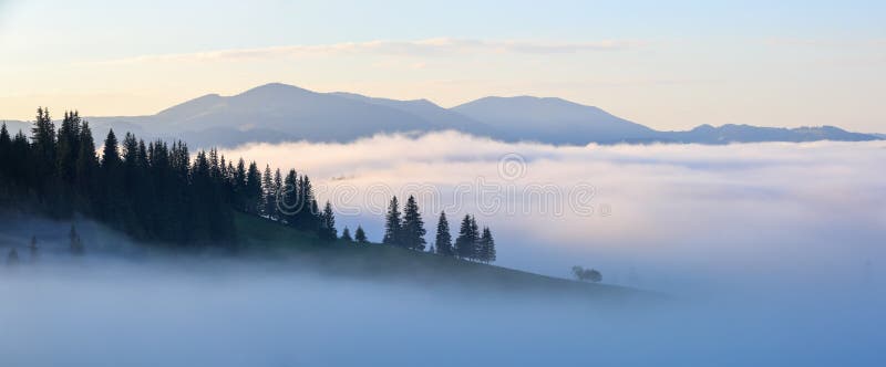 Paesaggio della montagna Alba nelle nubi Nebbia densa con luce morbida piacevole Un giorno di estate piacevole immagini stock Paesaggio della montagna Alba nelle nubi Nebbia densa con luce morbida piacevole Un giorno di estate piacevole immagini stock
