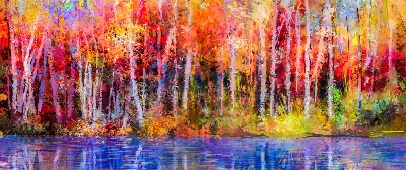 Paesaggio della pittura a olio - alberi variopinti di autunno