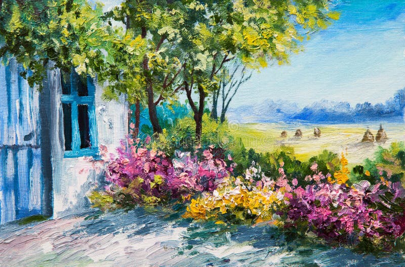 Paesaggio della pittura a olio - faccia il giardinaggio vicino alla casa, fiori variopinti royalty illustrazione gratis