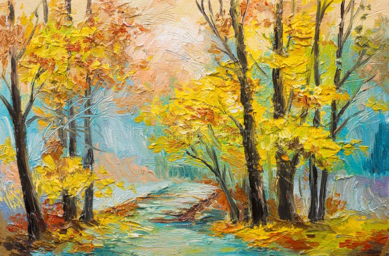Paesaggio della pittura a olio - foresta variopinta di autunno