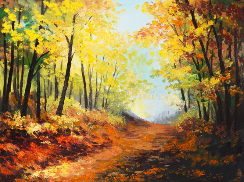 Paesaggio della pittura a olio - foresta variopinta di autunno