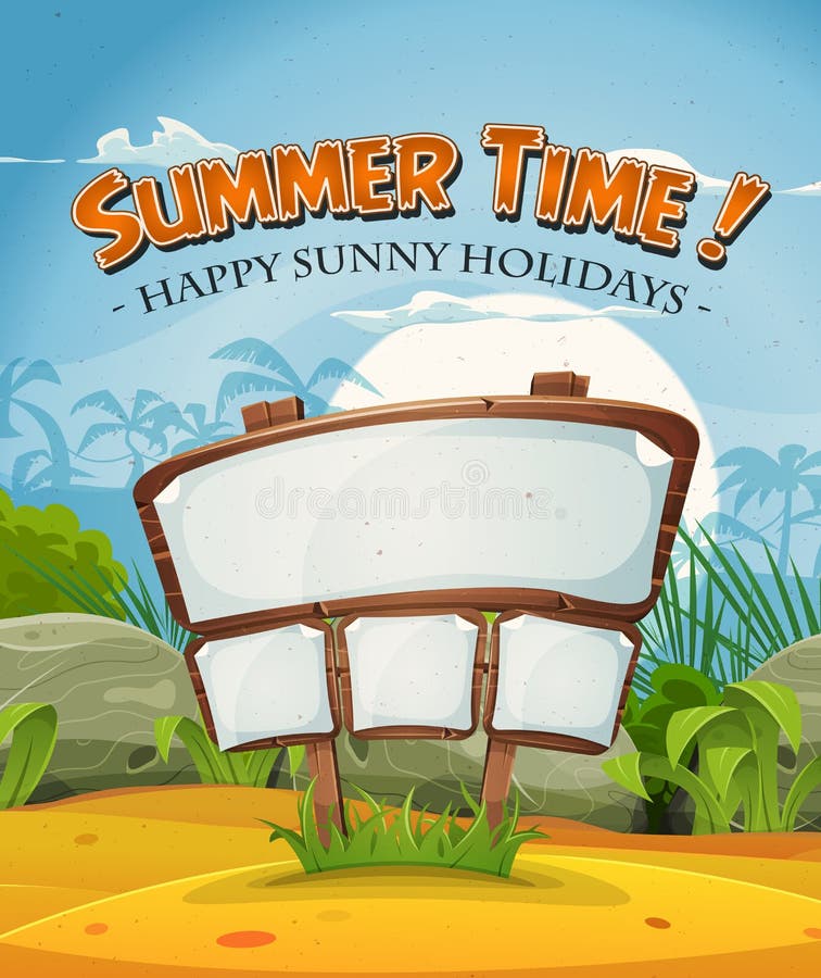 Paesaggio della spiaggia di vacanze estive con il segno di legno illustrazione di stock Paesaggio della spiaggia di vacanze estive con il segno di legno illustrazione di stock