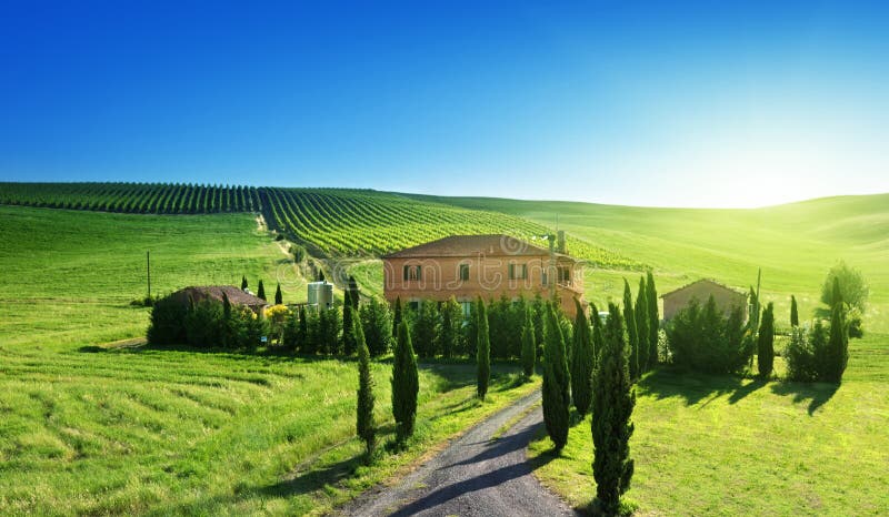 Paesaggio della Toscana con la casa tipica dell'azienda agricola