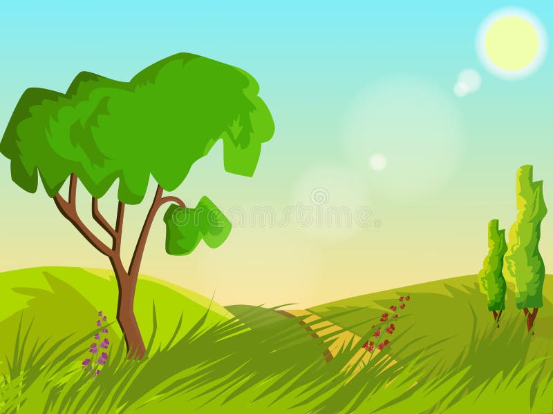 Paesaggio di ESTATE Prato inglese verde con i fiori e gli alberi Tempo libero illustrazione di stock Paesaggio di ESTATE Prato inglese verde con i fiori e gli alberi Tempo libero illustrazione di stock