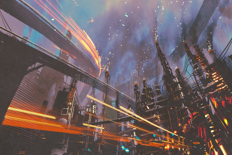 Paesaggio di fantascienza della città futuristica con i fabbricati industriali illustrazione vettoriale