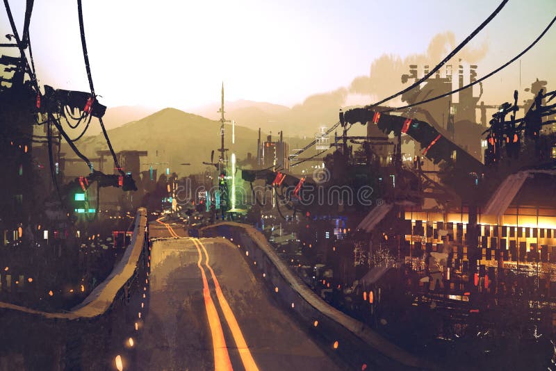 Paesaggio di fantascienza della via della strada principale sulla città futuristica royalty illustrazione gratis