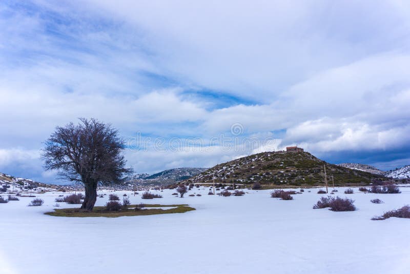 Paesaggio di inverno al plateau della montagna Ziria in Corinthos Grecia fotografia stock libera da diritti Paesaggio di inverno al plateau della montagna Ziria in Corinthos Grecia fotografia stock libera da diritti