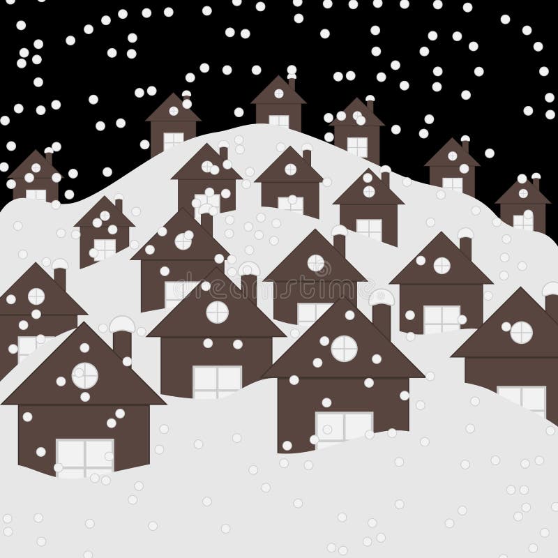 Paesaggio di notte di inverno del villaggio con le case ed i tetti innevati Fondo piano del paesaggio di bello inverno di Natale royalty illustrazione gratis Paesaggio di notte di inverno del villaggio con le case ed i tetti innevati Fondo piano del paesaggio di bello inverno di Natale royalty illustrazione gratis
