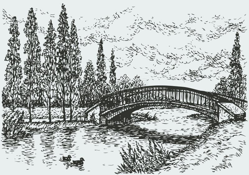 Paesaggio di vettore. Ponte sopra il fiume e pioppi lungo la strada illustrazione di stock